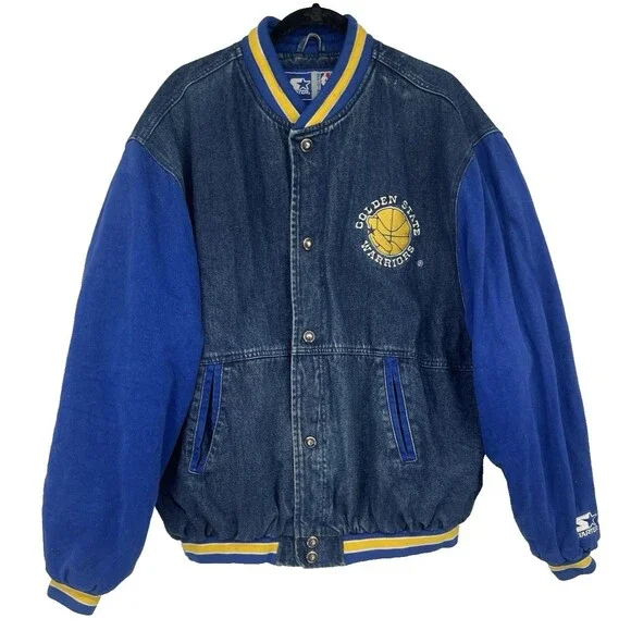 Rare VTG 90s Starter NBA Varsity Golden State Warriors Denim Jean Jacket Quilted - Picture 2 of 14